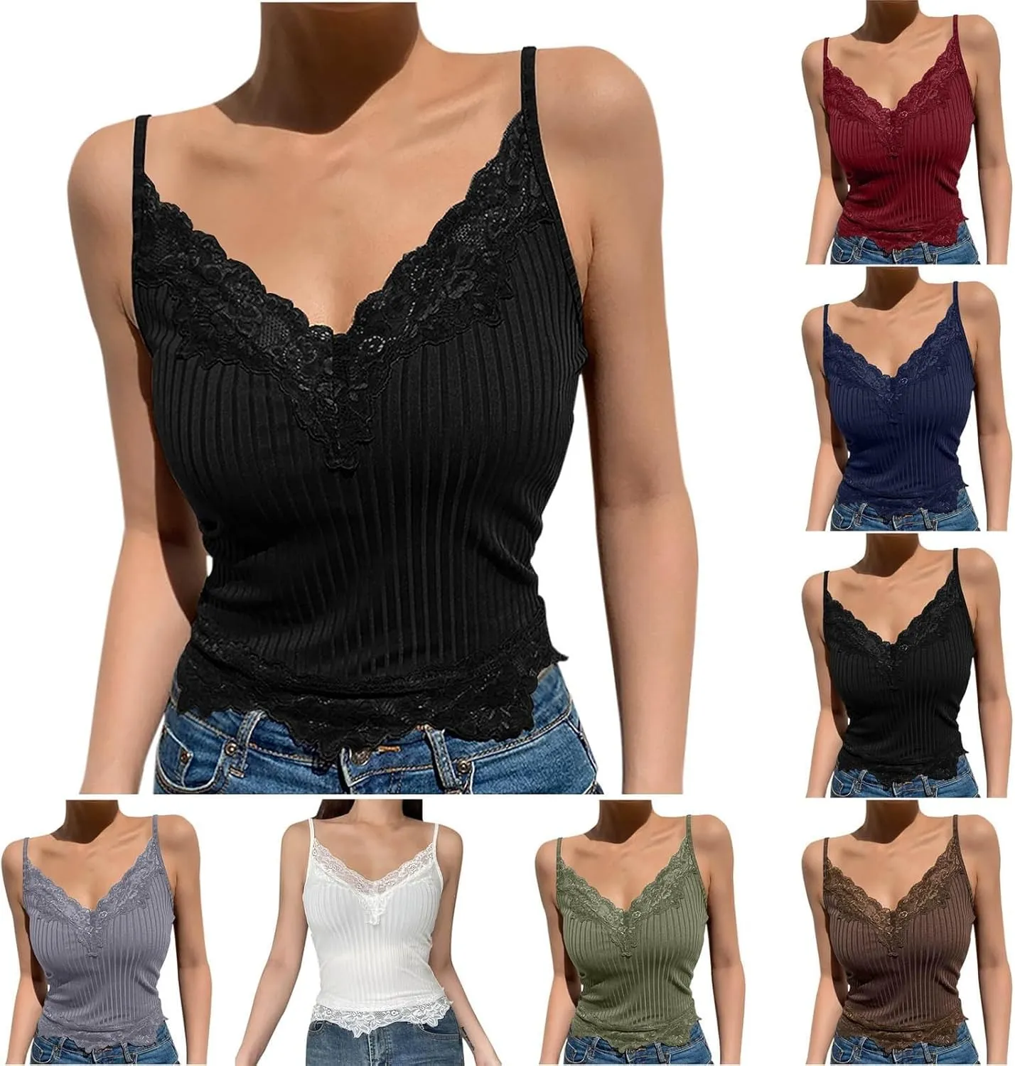 Miyaomn Women's Lace V-Neck Crop Tank Tops Ribbed Seamless Cami Top Crochet Knit Vest Sexy Sleeveless Sheer Mesh Y2k Clothing