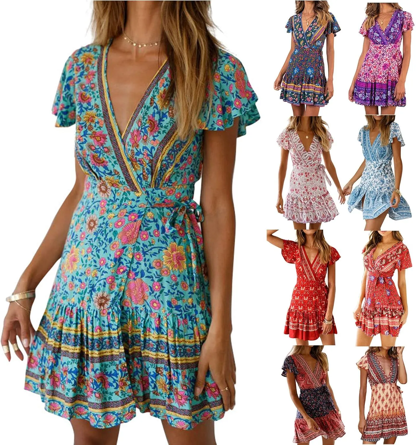 Mmoneyake Women Boho Mini Dress Short Sleeve Casual Dresses Floral Print Ruffle Dress V Neck Wrap Belted A Line Beach Dress