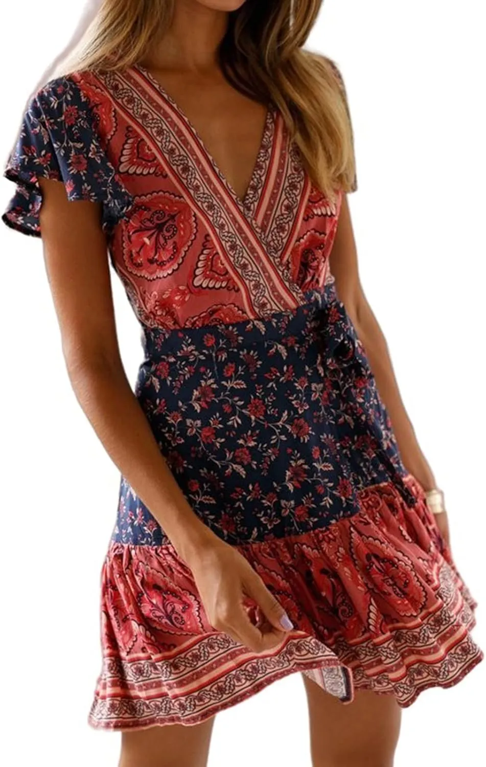 Mmoneyake Women Boho Mini Dress Short Sleeve Casual Dresses Floral Print Ruffle Dress V Neck Wrap Belted A Line Beach Dress
