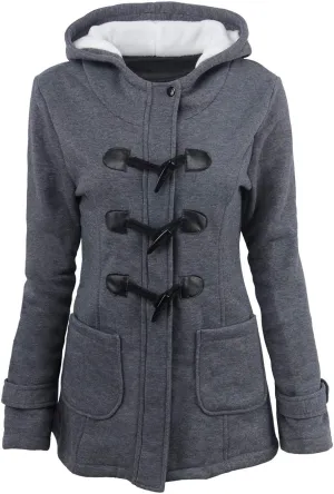 Mmoneyake Womens Fuzzy Fleece Pea Coat Classic Horn Buttons Zipper Hooded Jacket Winter Warm Long Sleeve Outerwear Tops