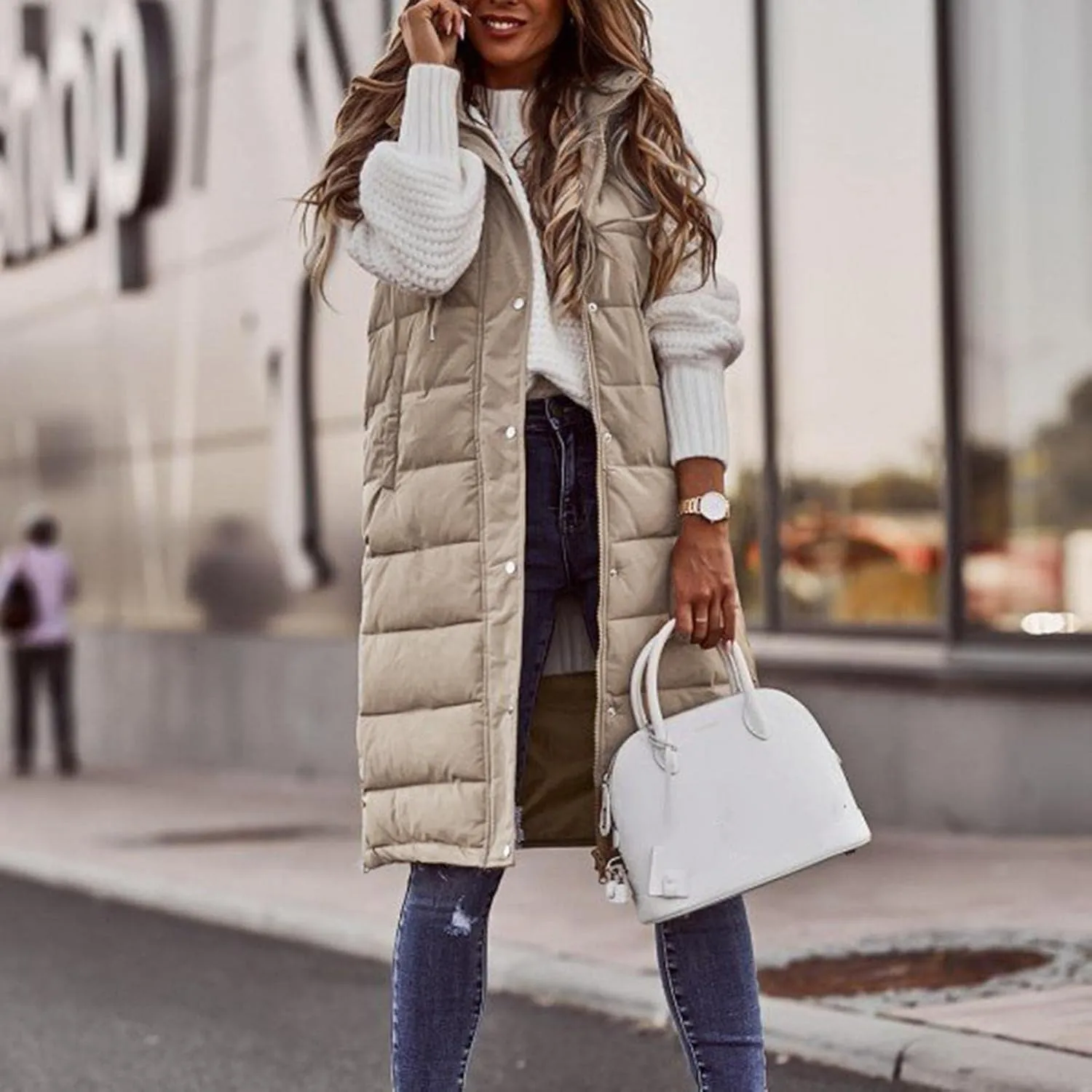 Mmoneyake Womens Long Down Vest Full-Zip Hooded Sleeveless Down Jacket Coat Warm Winter Outdoor Puffer Quilted Vest Outerwear