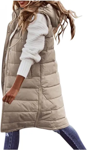 Mmoneyake Womens Long Down Vest Full-Zip Hooded Sleeveless Down Jacket Coat Warm Winter Outdoor Puffer Quilted Vest Outerwear