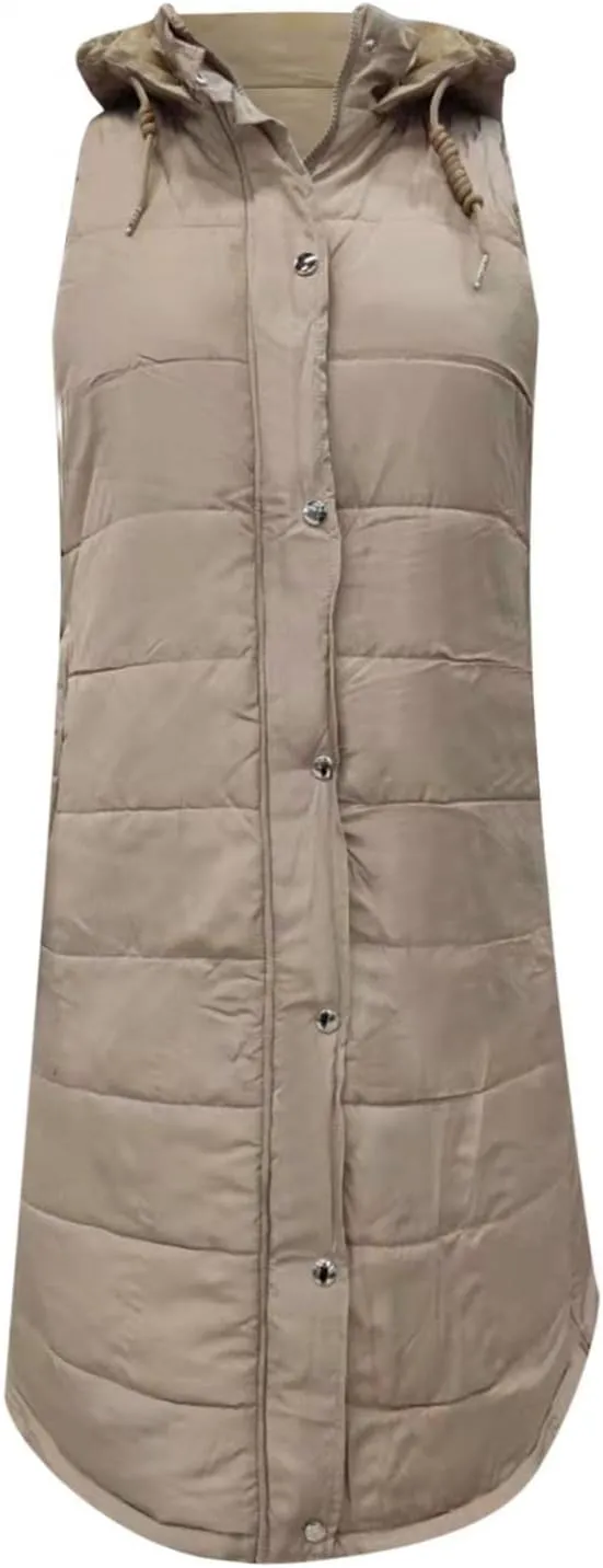 Mmoneyake Womens Long Down Vest Full-Zip Hooded Sleeveless Down Jacket Coat Warm Winter Outdoor Puffer Quilted Vest Outerwear