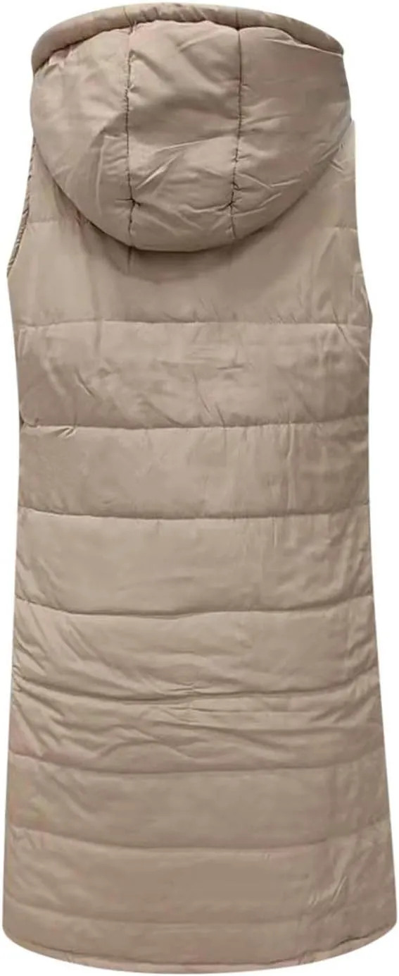 Mmoneyake Womens Long Down Vest Full-Zip Hooded Sleeveless Down Jacket Coat Warm Winter Outdoor Puffer Quilted Vest Outerwear
