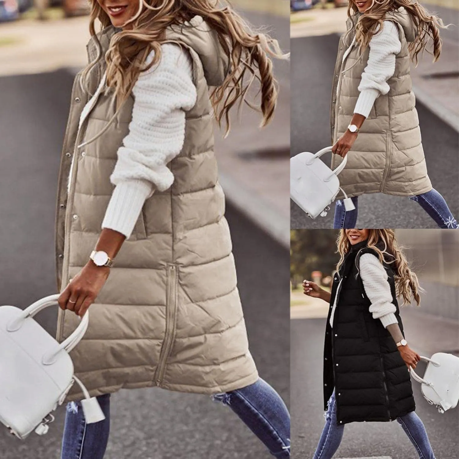 Mmoneyake Womens Long Down Vest Full-Zip Hooded Sleeveless Down Jacket Coat Warm Winter Outdoor Puffer Quilted Vest Outerwear