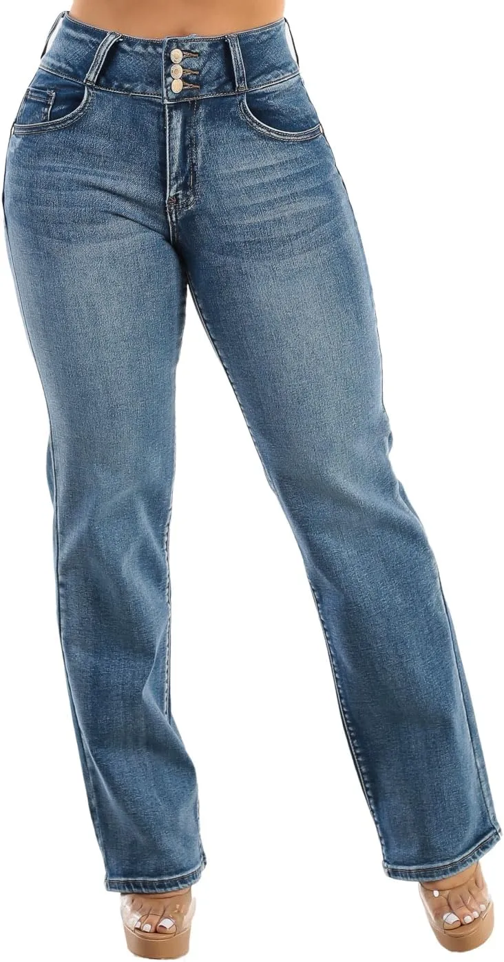Moda Xpress Womens Juniors High Waisted Butt Lifting Stretch Relaxed Fit Straight Wide Leg Cargo Jeans