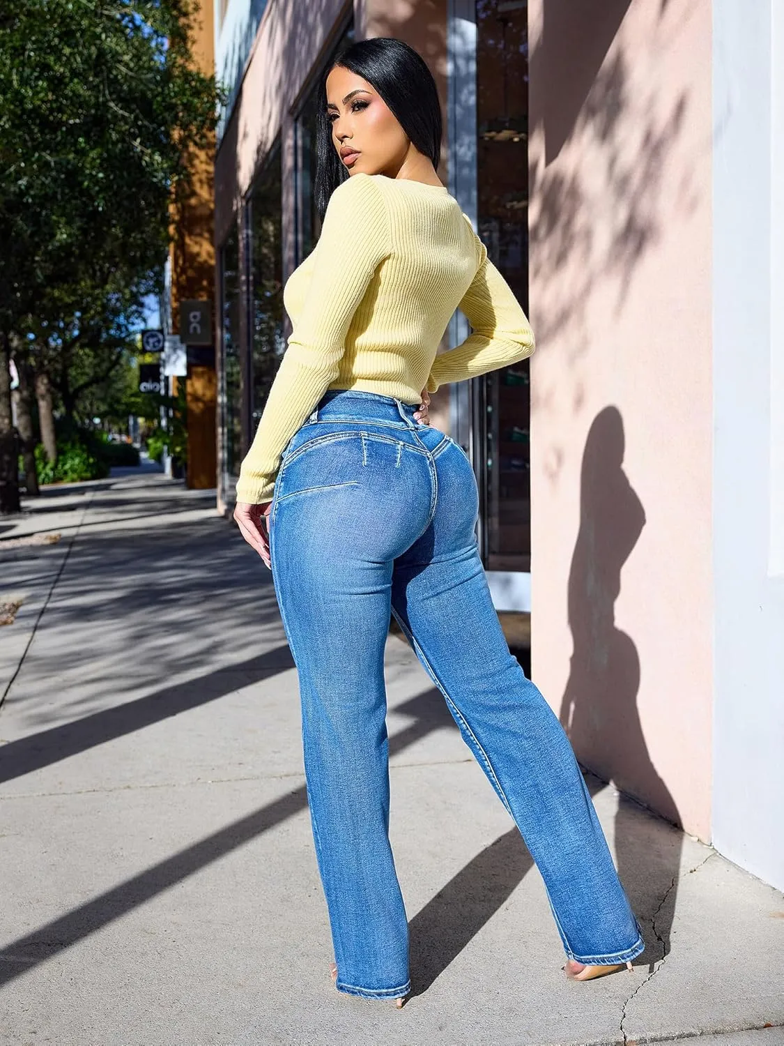 Moda Xpress Womens Juniors High Waisted Butt Lifting Stretch Relaxed Fit Straight Wide Leg Cargo Jeans