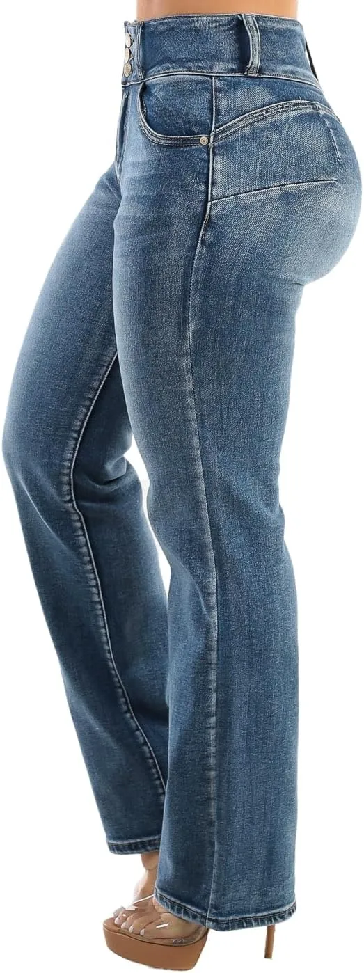 Moda Xpress Womens Juniors High Waisted Butt Lifting Stretch Relaxed Fit Straight Wide Leg Cargo Jeans