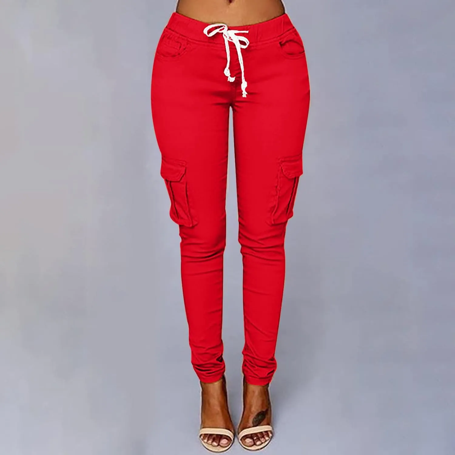 Multi Pocket Cargo Pants Athletic Drawstring Sweatpants Elastic Waist Solid Joggers High Waisted Loose Trousers