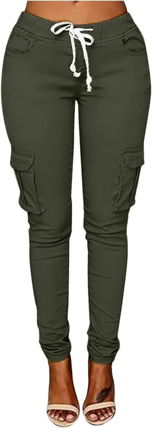 Multi Pocket Cargo Pants Athletic Drawstring Sweatpants Elastic Waist Solid Joggers High Waisted Loose Trousers