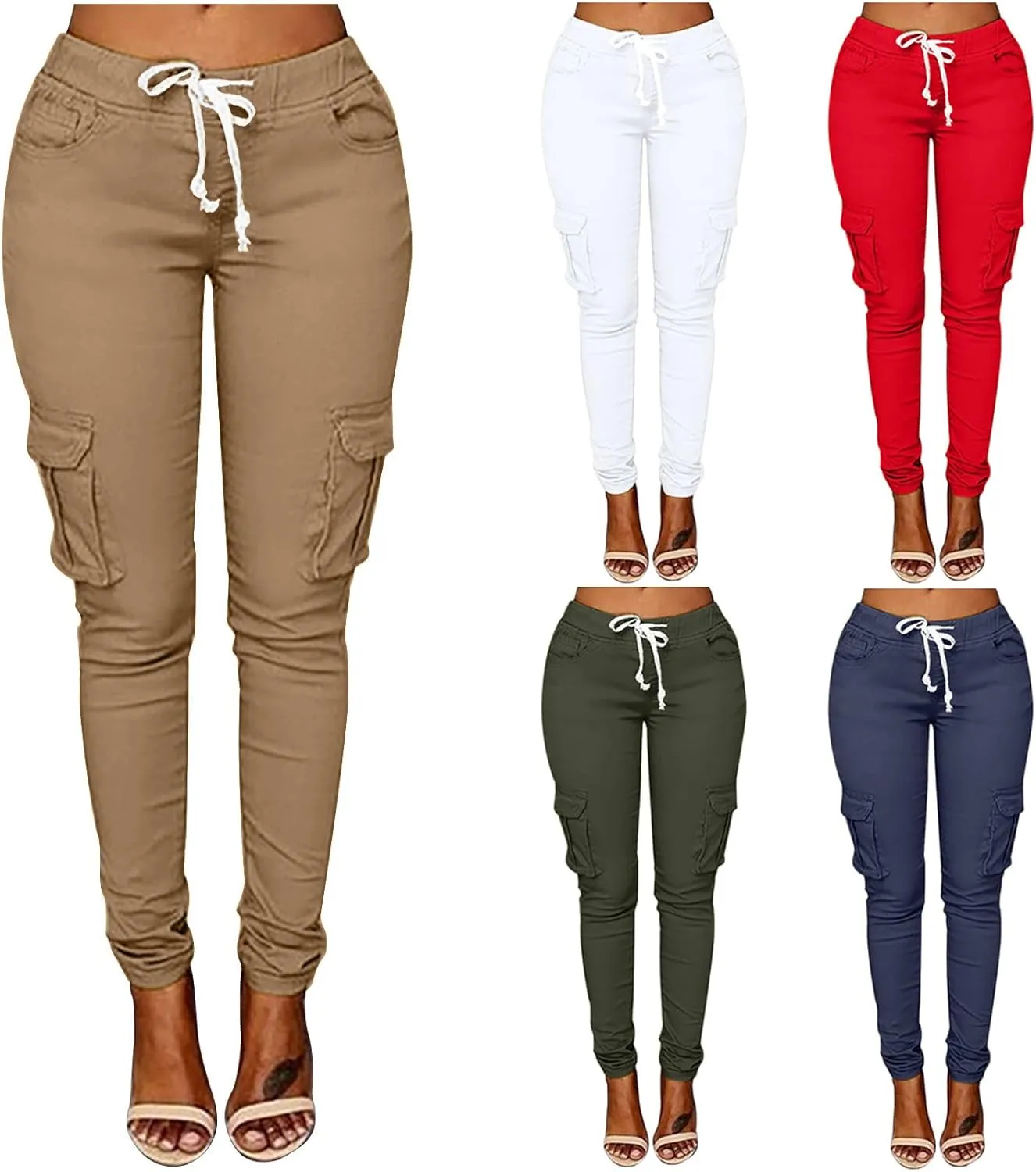 Multi Pocket Cargo Pants Athletic Drawstring Sweatpants Elastic Waist Solid Joggers High Waisted Loose Trousers