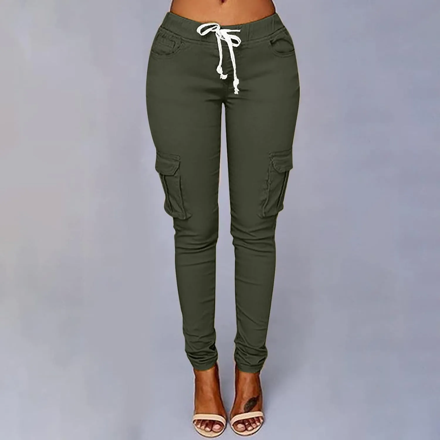 Multi Pocket Cargo Pants Athletic Drawstring Sweatpants Elastic Waist Solid Joggers High Waisted Loose Trousers