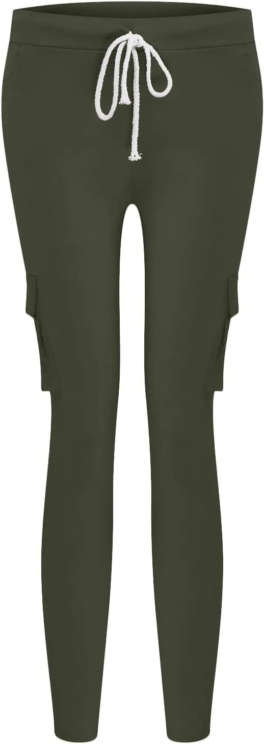 Multi Pocket Cargo Pants Athletic Drawstring Sweatpants Elastic Waist Solid Joggers High Waisted Loose Trousers