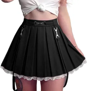 Mxiqqpltky Womens Lace Patchwork Mini Pleated Skirts Vintage High Waist Ruffle Harajuku Goth Short Skirts