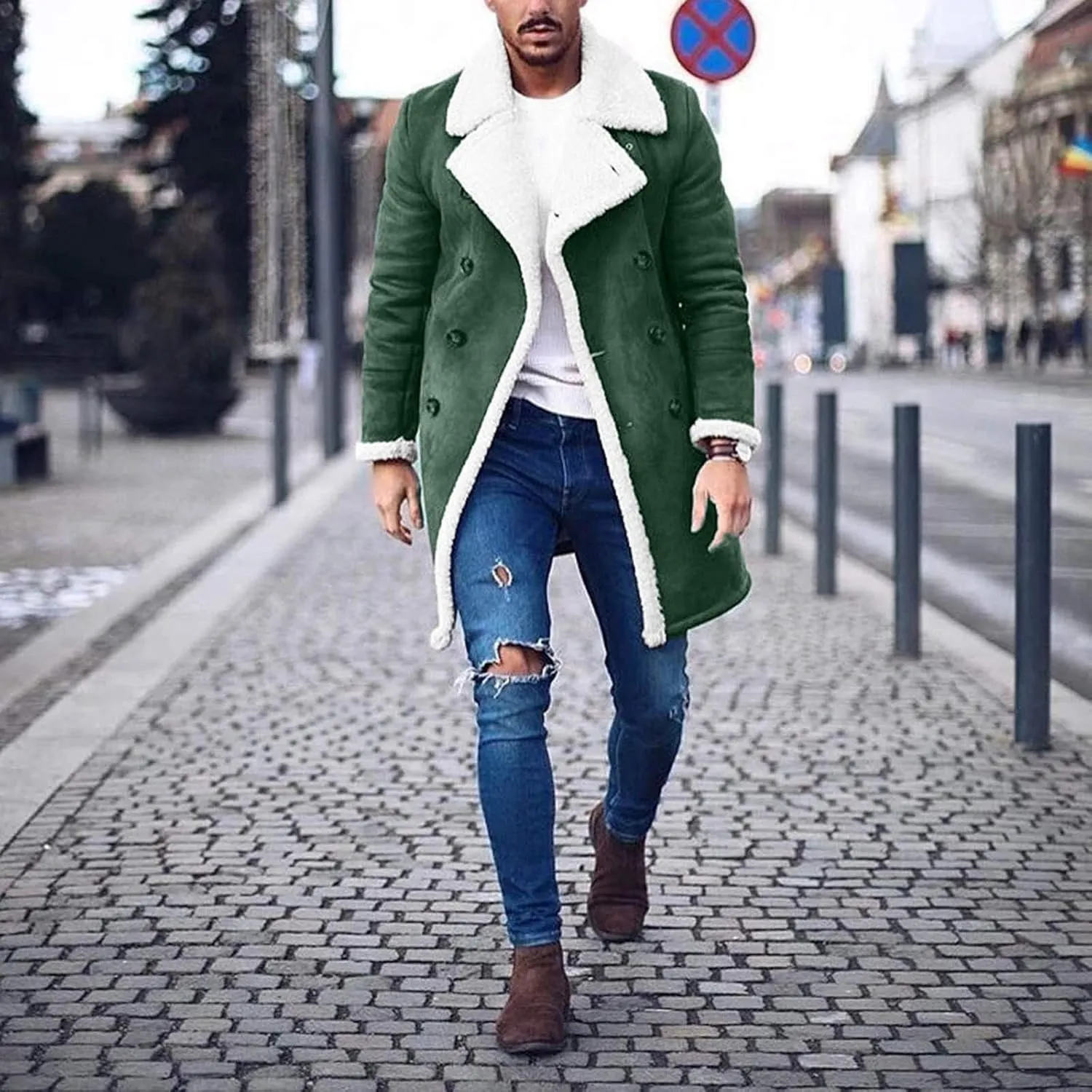NATHGAM Mens Sherpa Lined Bomber Coat Fleece Thicken Thermal Heavyweight Suede Trench Coats Faux Shearling Midlength Overcoat