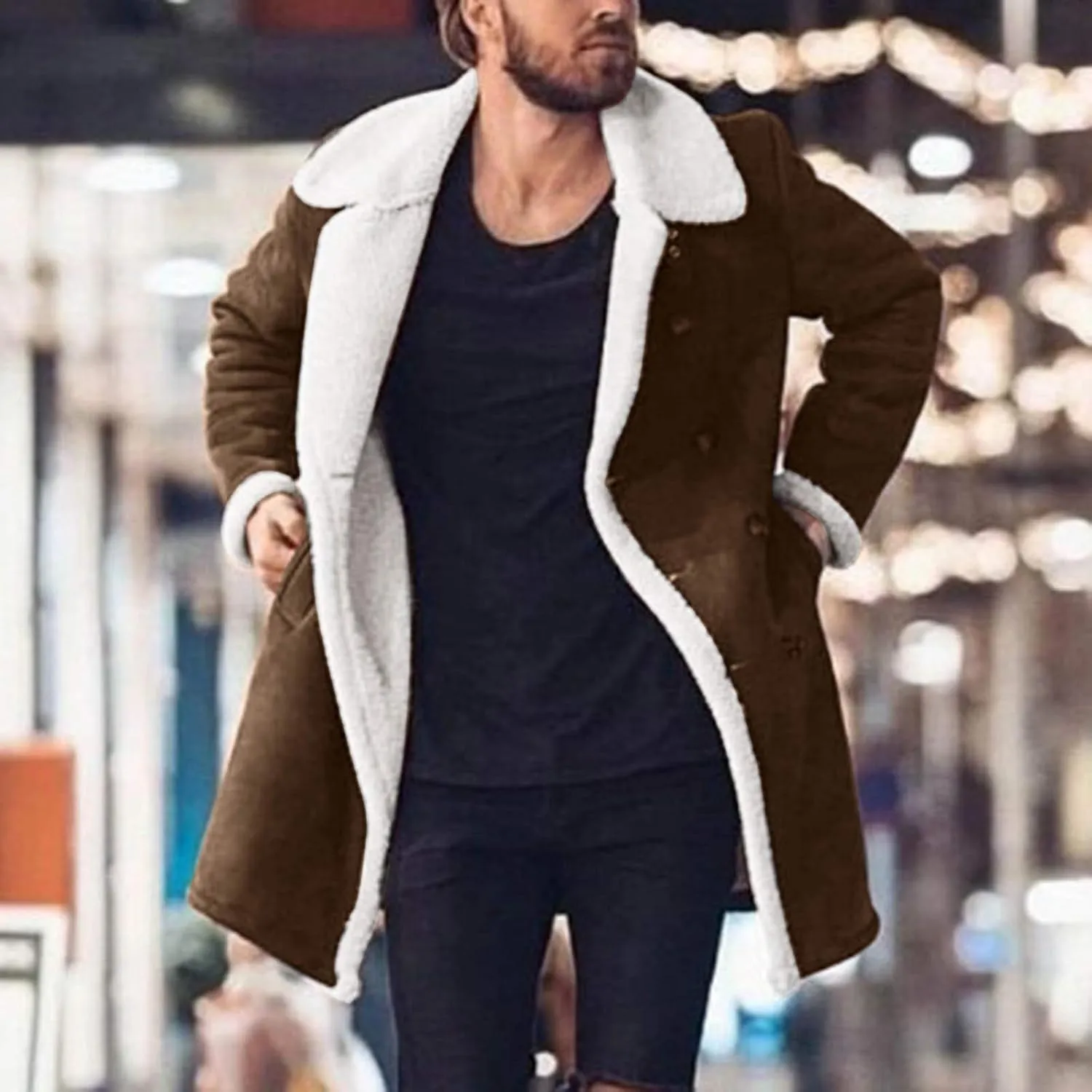 NATHGAM Mens Sherpa Lined Bomber Coat Fleece Thicken Thermal Heavyweight Suede Trench Coats Faux Shearling Midlength Overcoat