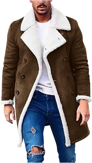 NATHGAM Mens Sherpa Lined Bomber Coat Fleece Thicken Thermal Heavyweight Suede Trench Coats Faux Shearling Midlength Overcoat
