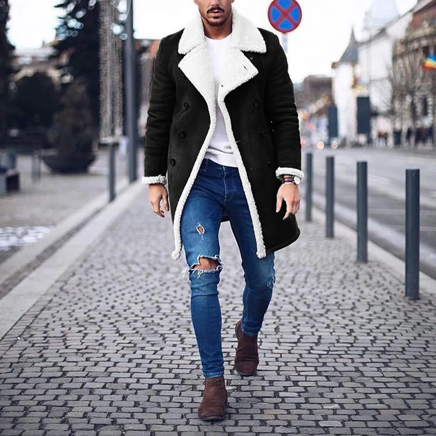 NATHGAM Mens Sherpa Lined Bomber Coat Fleece Thicken Thermal Heavyweight Suede Trench Coats Faux Shearling Midlength Overcoat