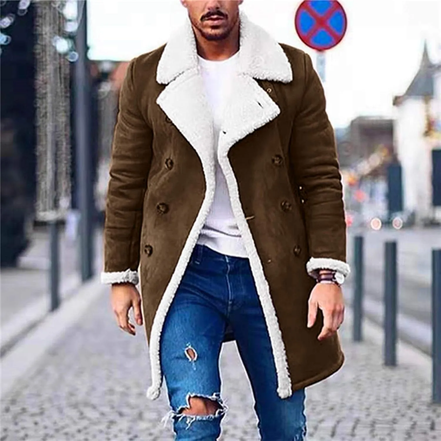 NATHGAM Mens Sherpa Lined Bomber Coat Fleece Thicken Thermal Heavyweight Suede Trench Coats Faux Shearling Midlength Overcoat