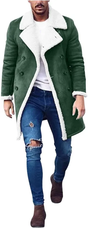 NATHGAM Mens Sherpa Lined Bomber Coat Fleece Thicken Thermal Heavyweight Suede Trench Coats Faux Shearling Midlength Overcoat
