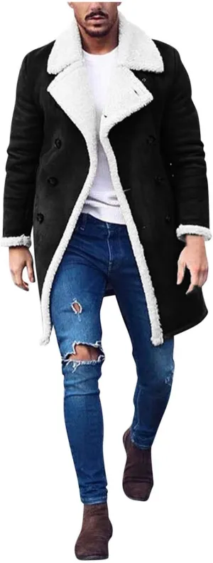 NATHGAM Mens Sherpa Lined Bomber Coat Fleece Thicken Thermal Heavyweight Suede Trench Coats Faux Shearling Midlength Overcoat