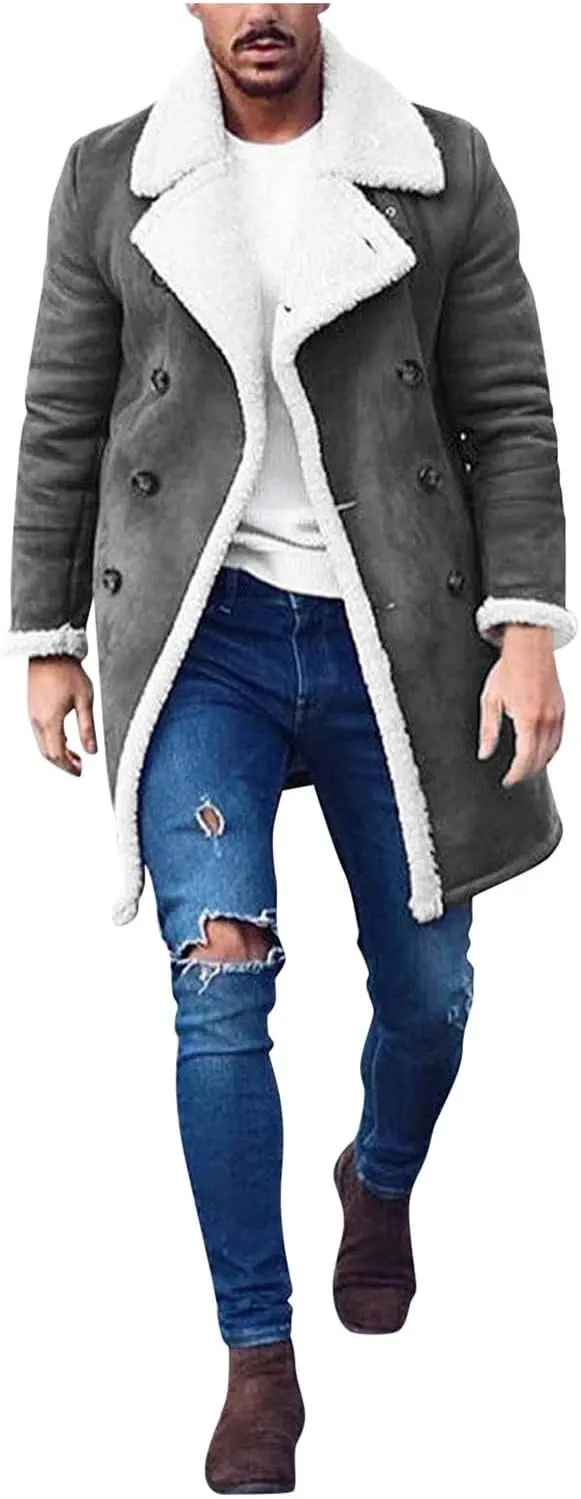 NATHGAM Mens Sherpa Lined Bomber Coat Fleece Thicken Thermal Heavyweight Suede Trench Coats Faux Shearling Midlength Overcoat