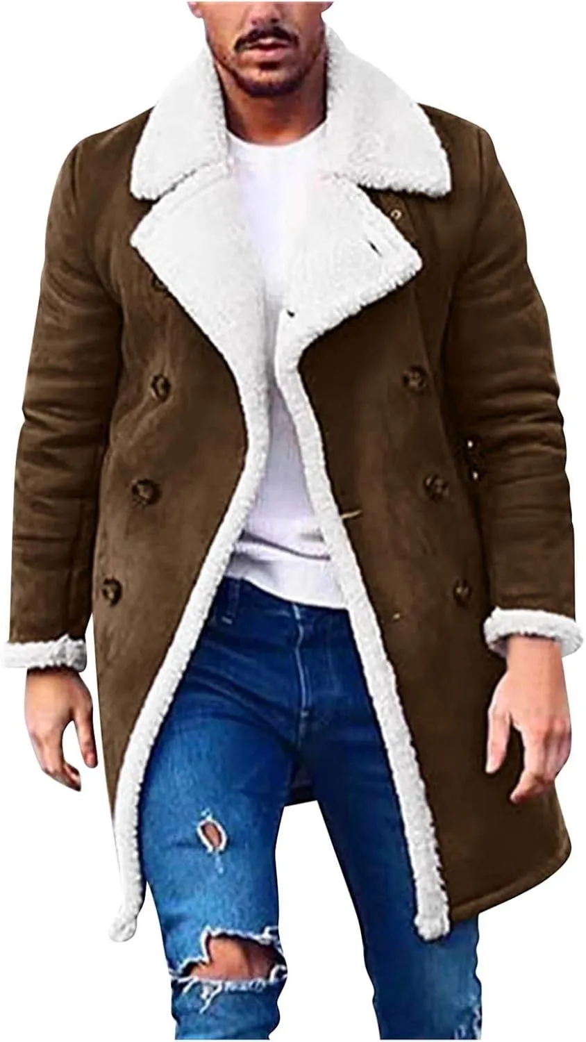 NATHGAM Mens Sherpa Lined Bomber Coat Fleece Thicken Thermal Heavyweight Suede Trench Coats Faux Shearling Midlength Overcoat