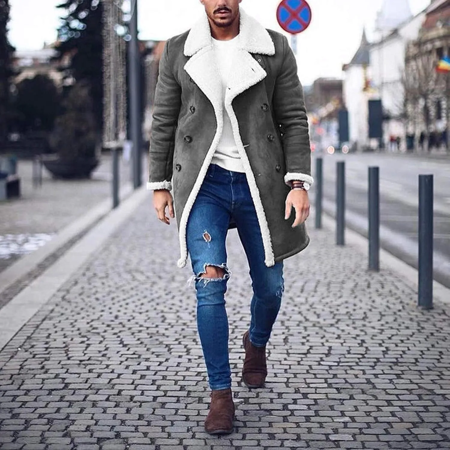 NATHGAM Mens Sherpa Lined Bomber Coat Fleece Thicken Thermal Heavyweight Suede Trench Coats Faux Shearling Midlength Overcoat