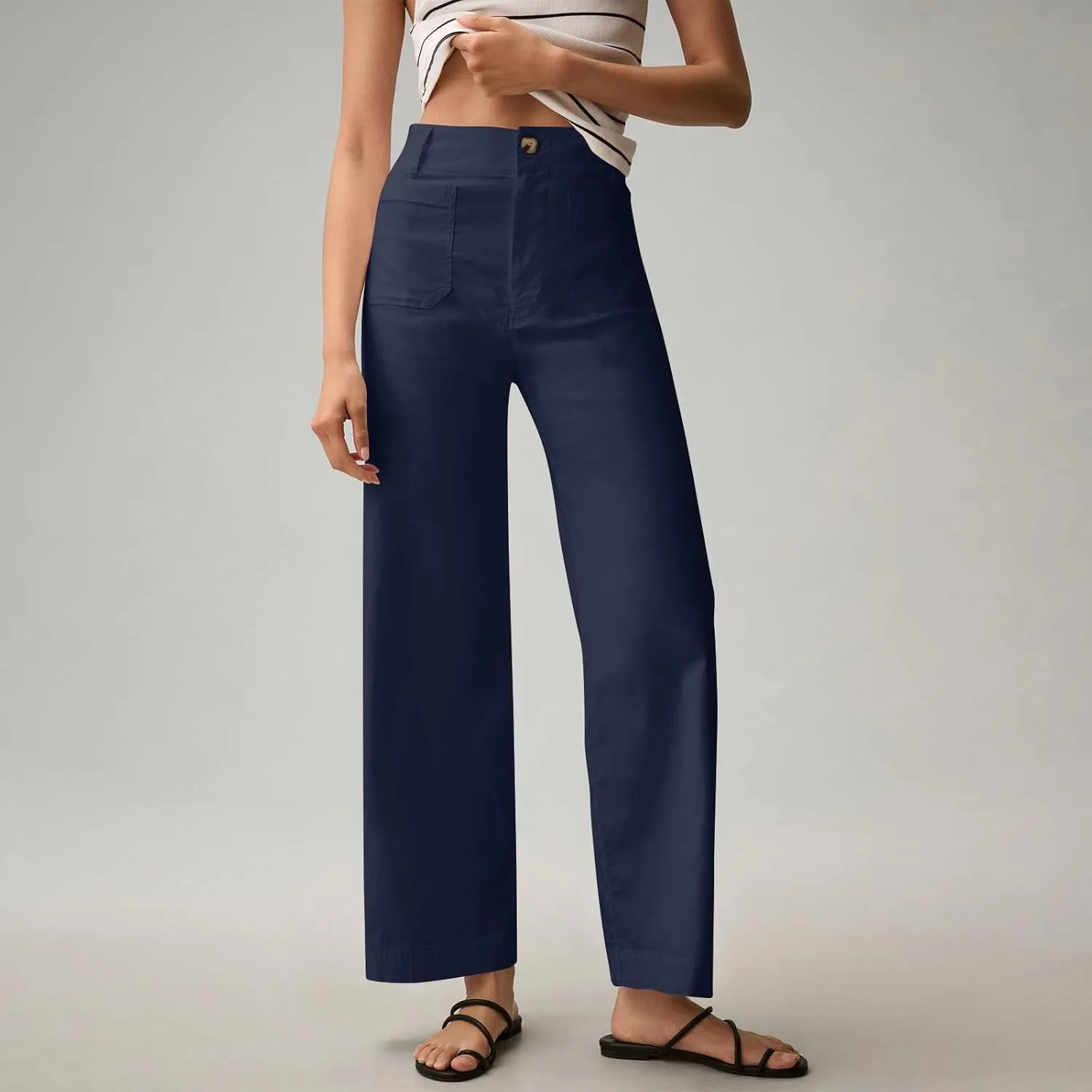 NBXNZWF Womens Wide Leg Cropped Pants Stretch Twill Jeans with Patch Pocket Straight Leg High Waisted Chino Casual Jeans
