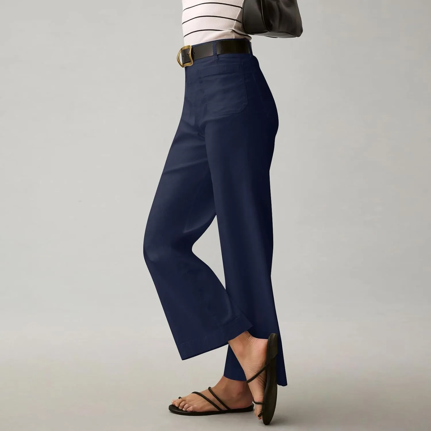 NBXNZWF Womens Wide Leg Cropped Pants Stretch Twill Jeans with Patch Pocket Straight Leg High Waisted Chino Casual Jeans