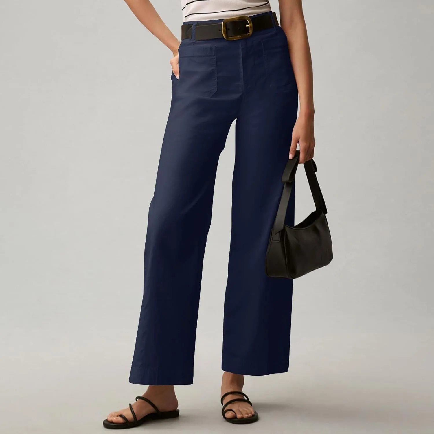 NBXNZWF Womens Wide Leg Cropped Pants Stretch Twill Jeans with Patch Pocket Straight Leg High Waisted Chino Casual Jeans
