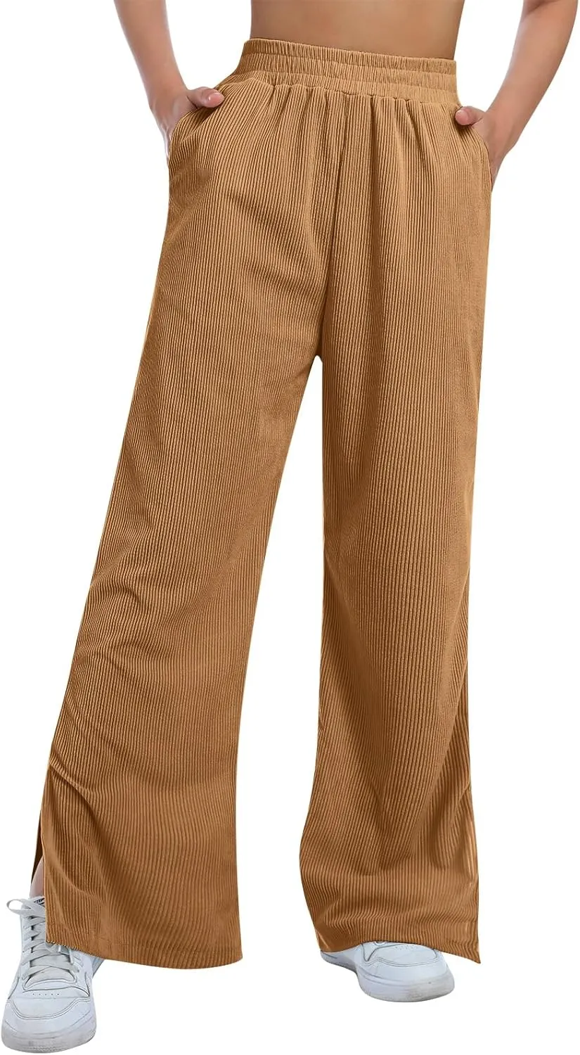 ODIZLI Women's Corduroy Wide Leg Pants High Waist Solid Bottom with Pockets Slit Trousers
