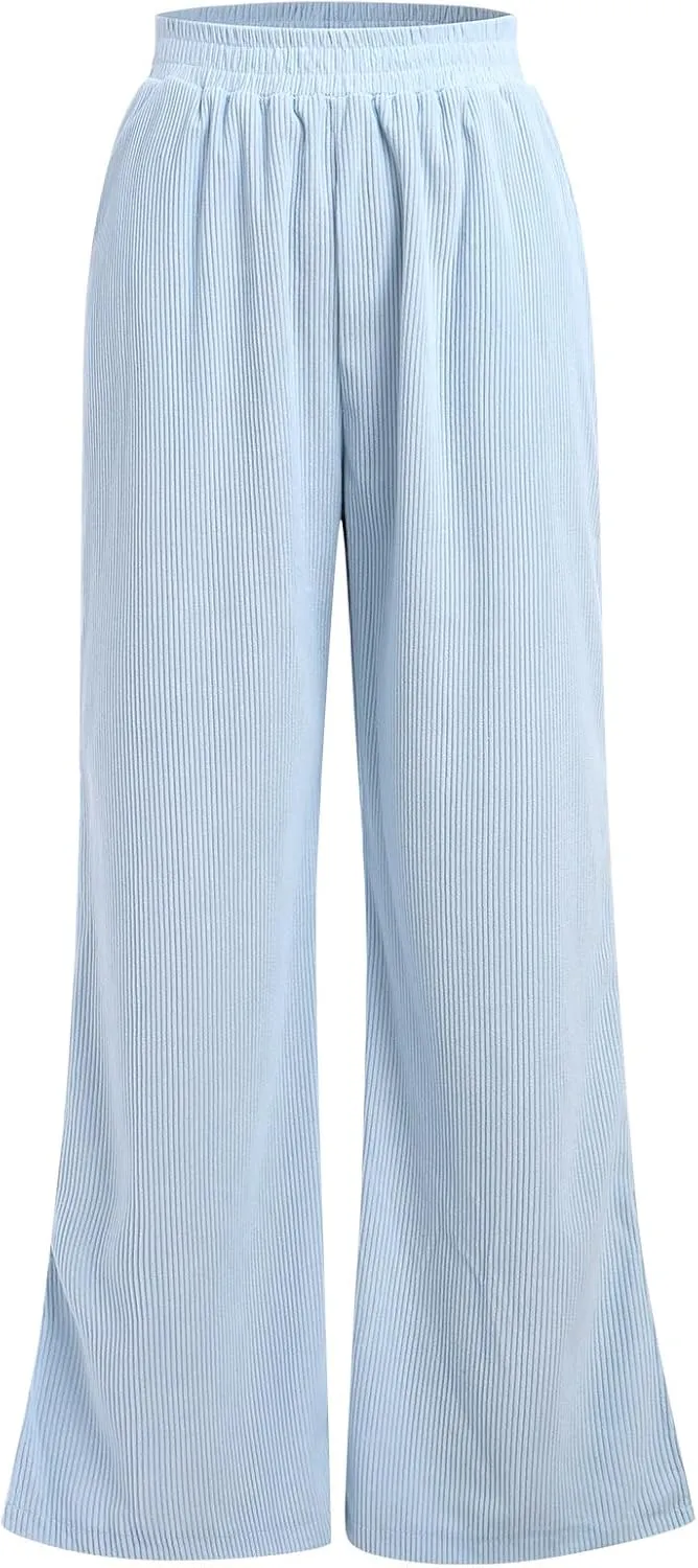 ODIZLI Women's Corduroy Wide Leg Pants High Waist Solid Bottom with Pockets Slit Trousers