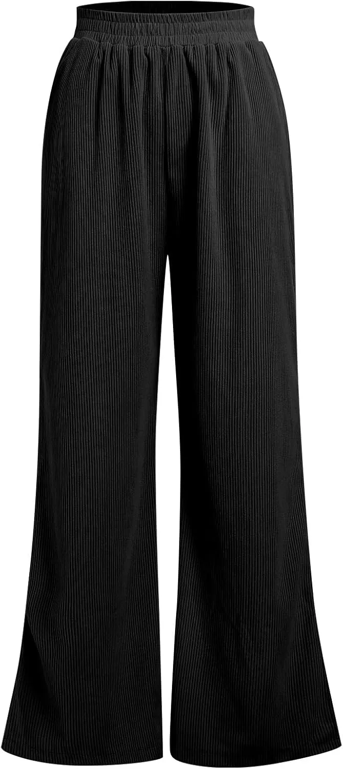 ODIZLI Women's Corduroy Wide Leg Pants High Waist Solid Bottom with Pockets Slit Trousers