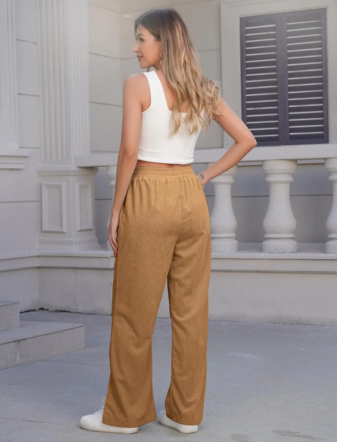 ODIZLI Women's Corduroy Wide Leg Pants High Waist Solid Bottom with Pockets Slit Trousers