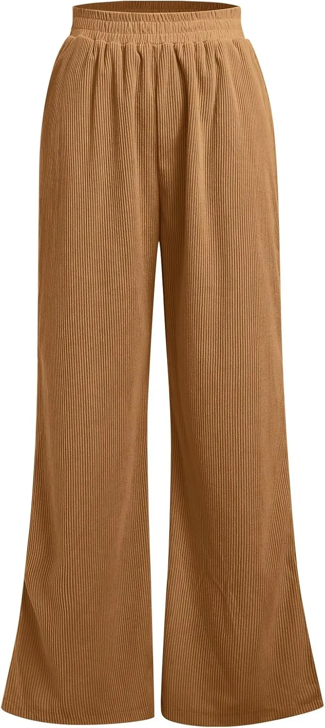 ODIZLI Women's Corduroy Wide Leg Pants High Waist Solid Bottom with Pockets Slit Trousers