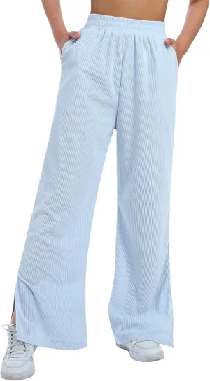 ODIZLI Women's Corduroy Wide Leg Pants High Waist Solid Bottom with Pockets Slit Trousers