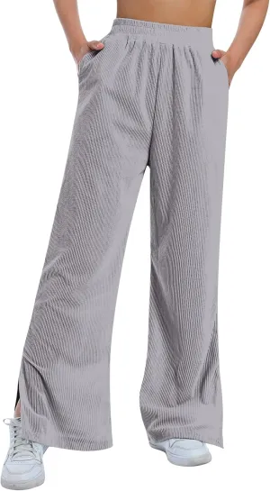 ODIZLI Women's Corduroy Wide Leg Pants High Waist Solid Bottom with Pockets Slit Trousers