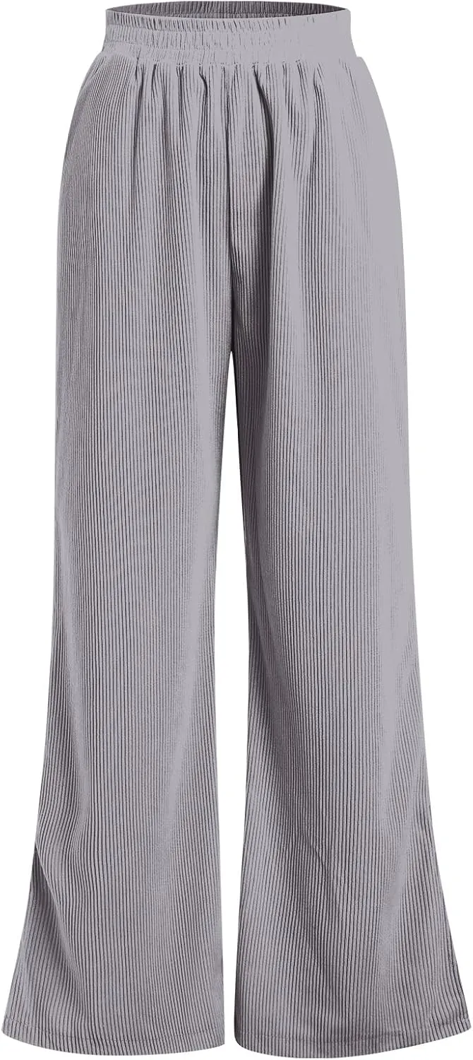 ODIZLI Women's Corduroy Wide Leg Pants High Waist Solid Bottom with Pockets Slit Trousers