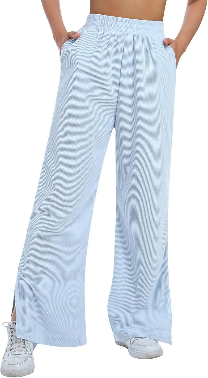 ODIZLI Women's Corduroy Wide Leg Pants High Waist Solid Bottom with Pockets Slit Trousers