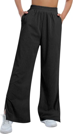 ODIZLI Women's Corduroy Wide Leg Pants High Waist Solid Bottom with Pockets Slit Trousers