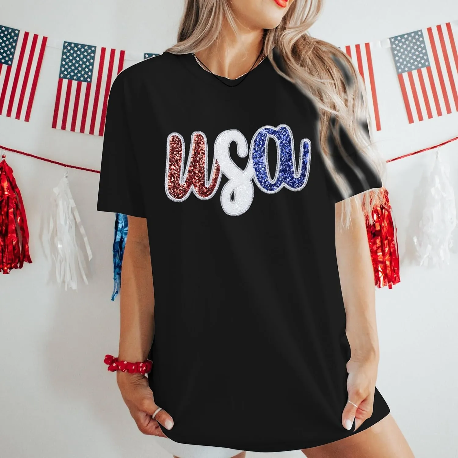 Oversized USA Shirt Women American Flag T-Shirt 4th of July Memorial Gift Tee USA Sequin Patriotic American Proud Tops