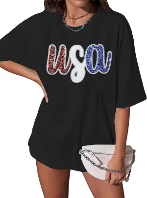 Oversized USA Shirt Women American Flag T-Shirt 4th of July Memorial Gift Tee USA Sequin Patriotic American Proud Tops