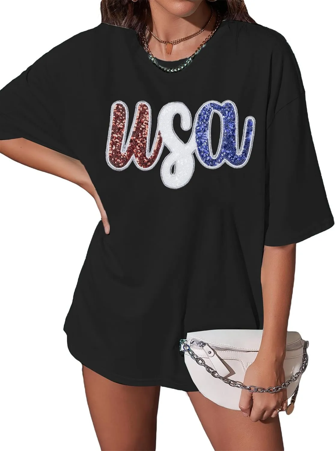Oversized USA Shirt Women American Flag T-Shirt 4th of July Memorial Gift Tee USA Sequin Patriotic American Proud Tops