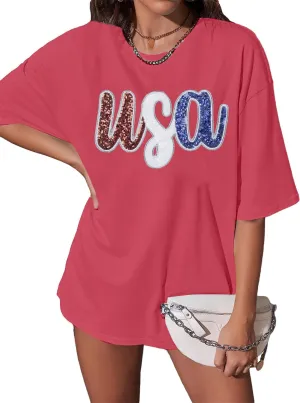Oversized USA Shirt Women American Flag T-Shirt 4th of July Memorial Gift Tee USA Sequin Patriotic American Proud Tops