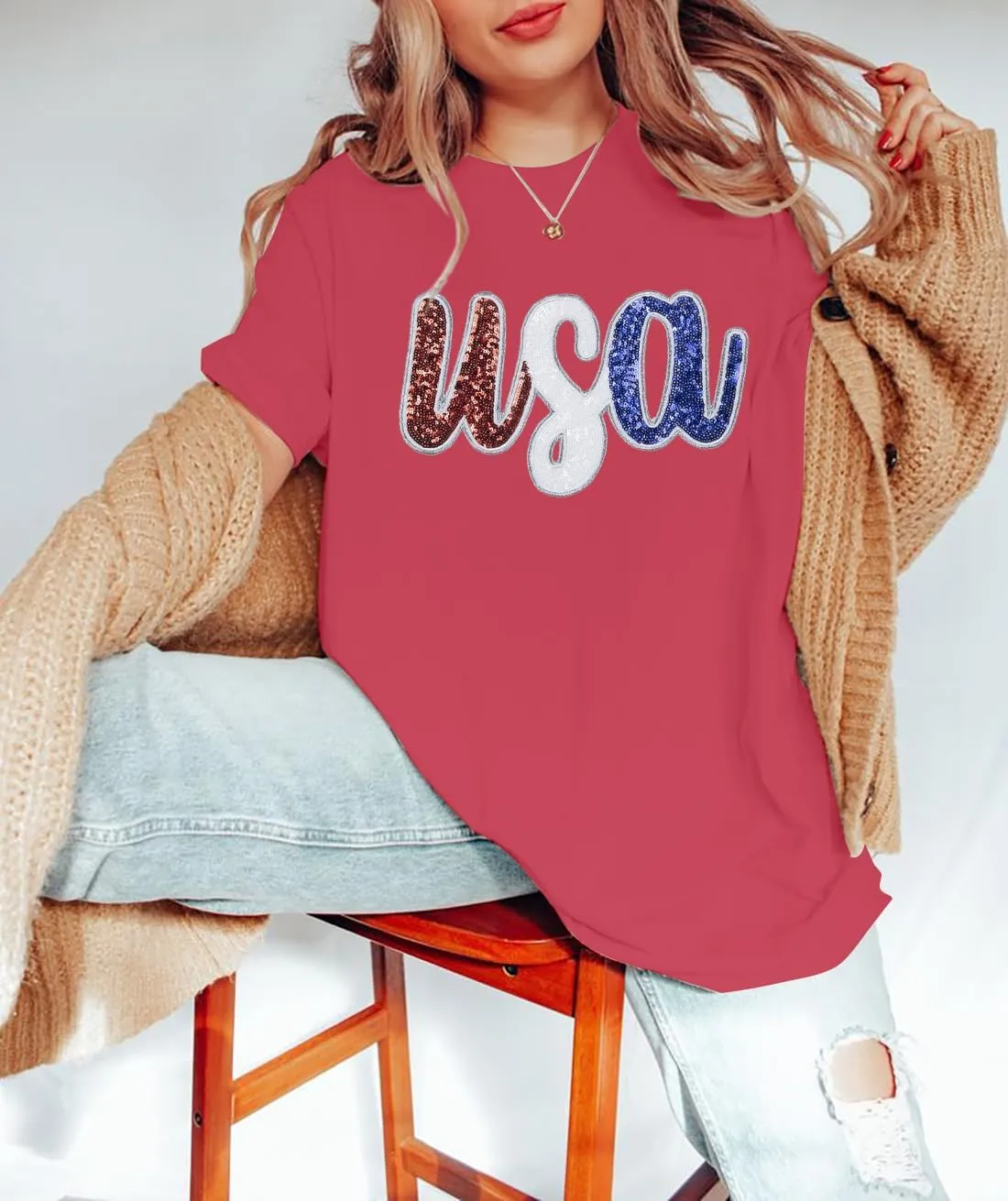 Oversized USA Shirt Women American Flag T-Shirt 4th of July Memorial Gift Tee USA Sequin Patriotic American Proud Tops
