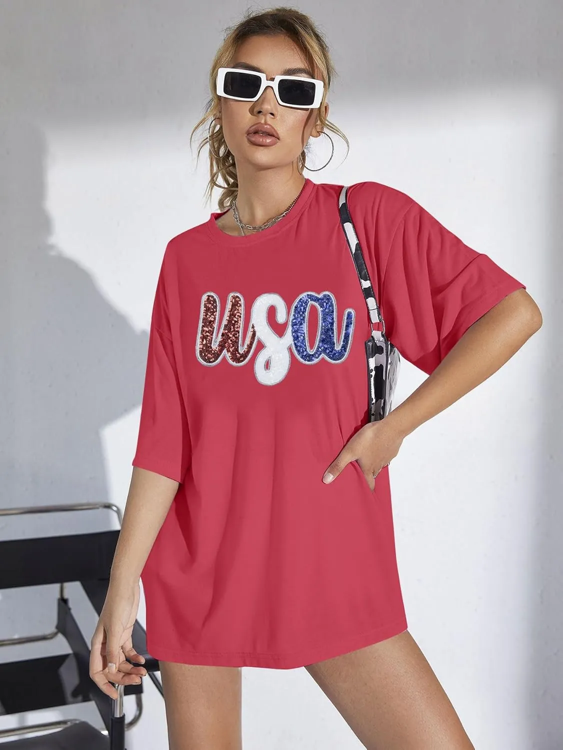 Oversized USA Shirt Women American Flag T-Shirt 4th of July Memorial Gift Tee USA Sequin Patriotic American Proud Tops