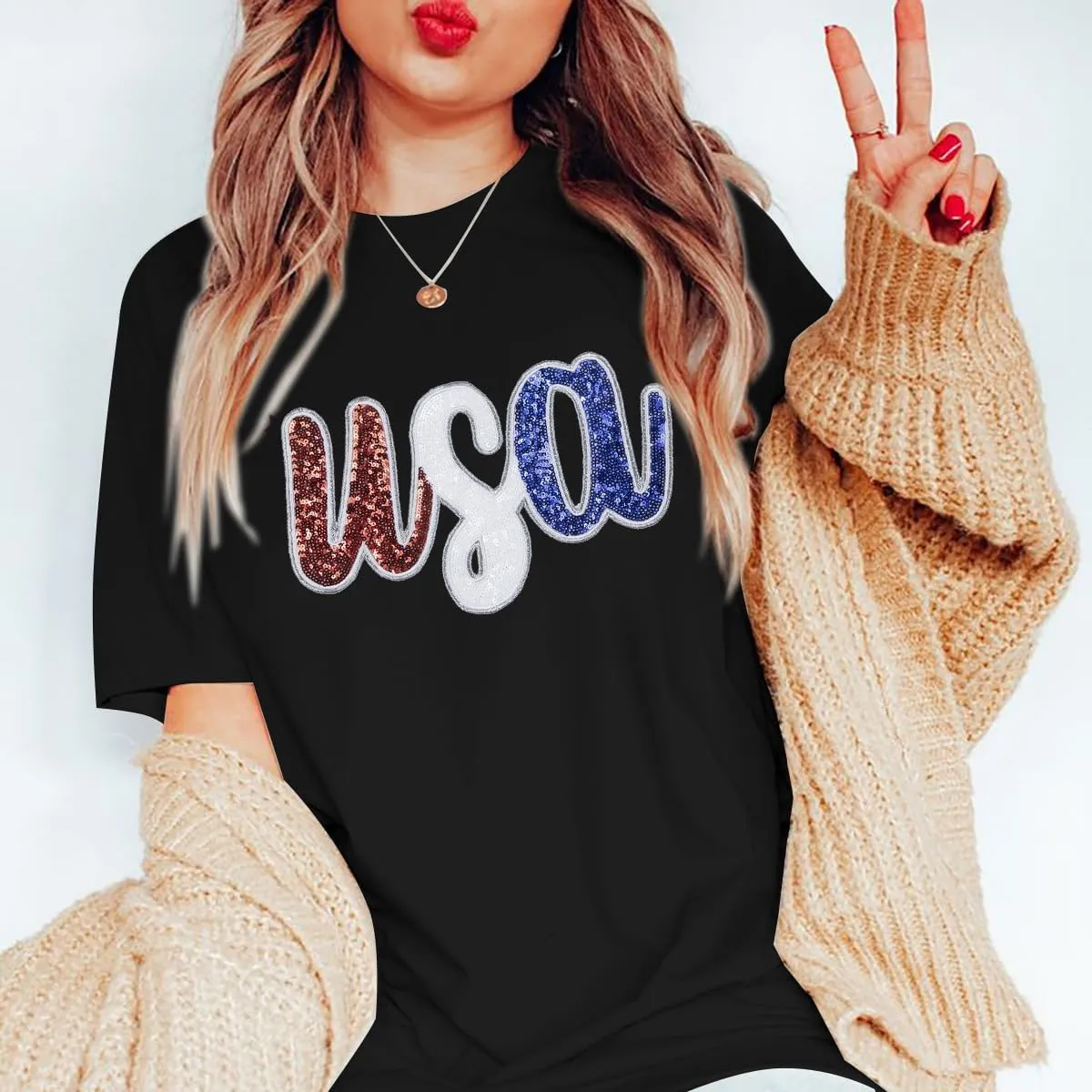 Oversized USA Shirt Women American Flag T-Shirt 4th of July Memorial Gift Tee USA Sequin Patriotic American Proud Tops