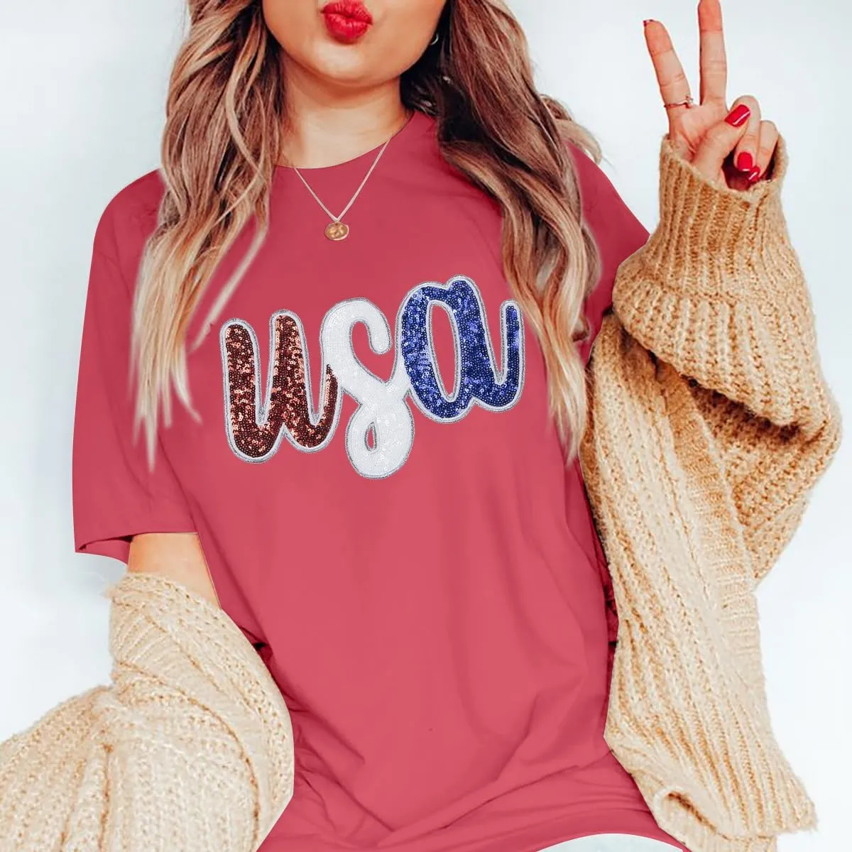 Oversized USA Shirt Women American Flag T-Shirt 4th of July Memorial Gift Tee USA Sequin Patriotic American Proud Tops
