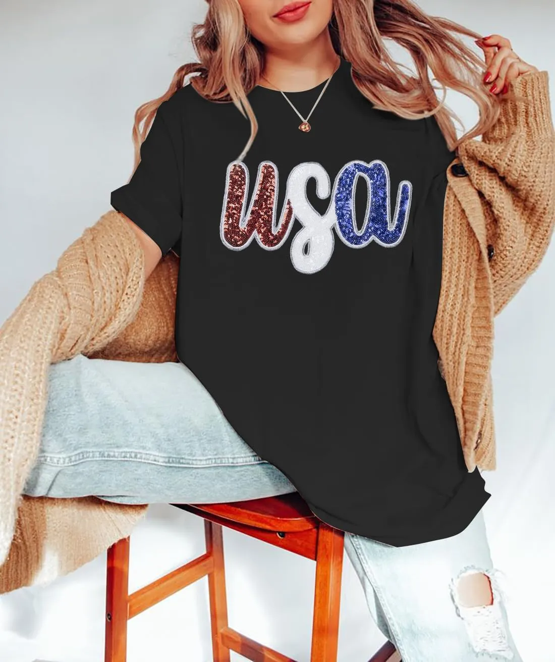Oversized USA Shirt Women American Flag T-Shirt 4th of July Memorial Gift Tee USA Sequin Patriotic American Proud Tops